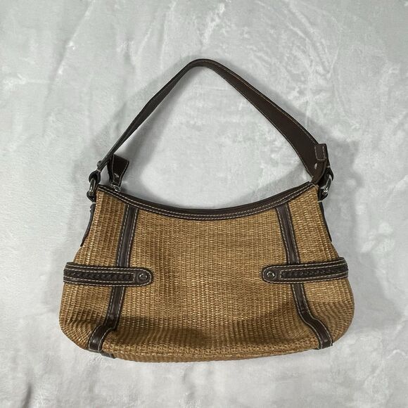 Fossil Straw Leather Multi Compartment Satchel Shoulder Bag Brown Lined 14x8 - Picture 9 of 16